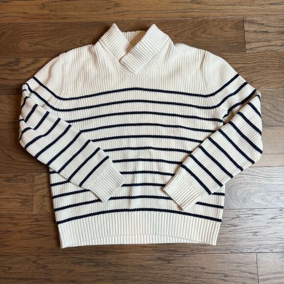 Gap Striped Mock Neck Pullover Sweater, Cream White and Navy Blue, Knit - Picture 1 of 9